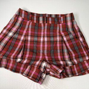 Maeve Anthropologie Burgundy Pink Plaid Pleated Shorts Preppy Academia Size 4